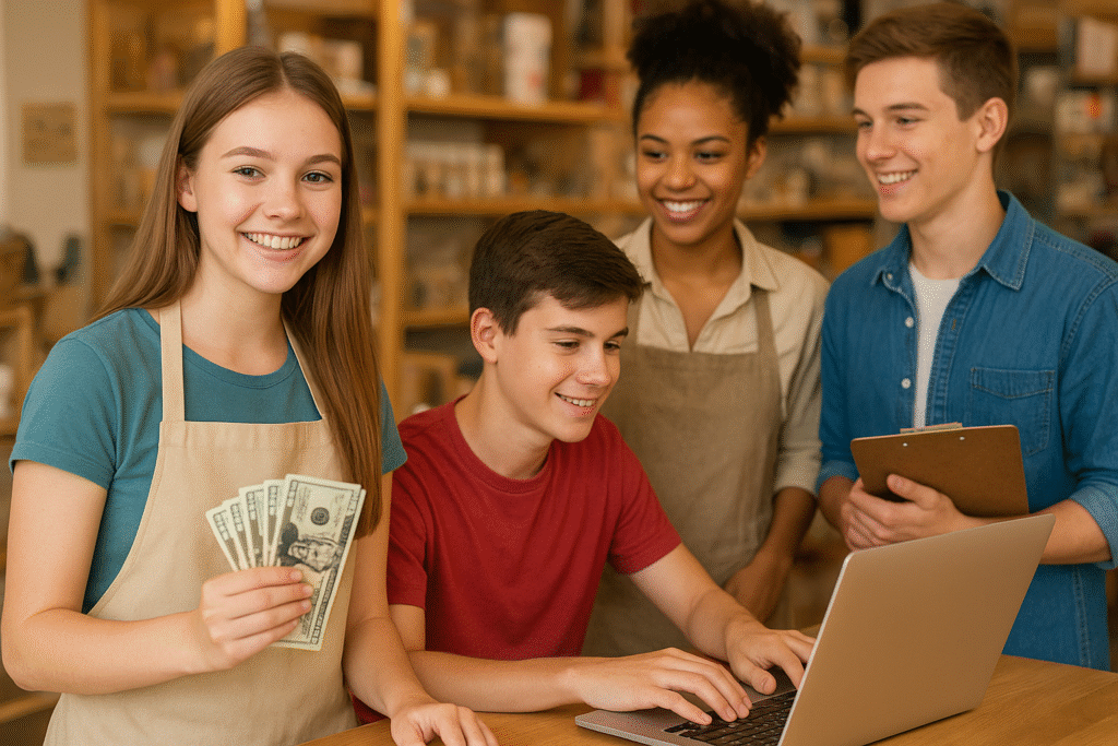 Teenagers working in a shop to earn money