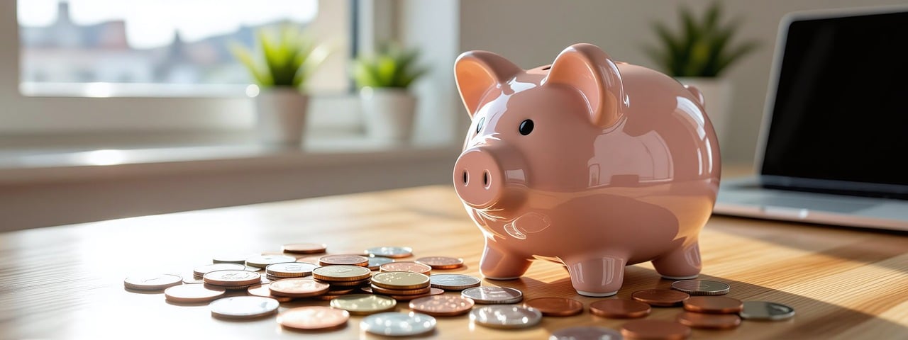 A piggy bank with money scattered in front of it representing a simple way to budget