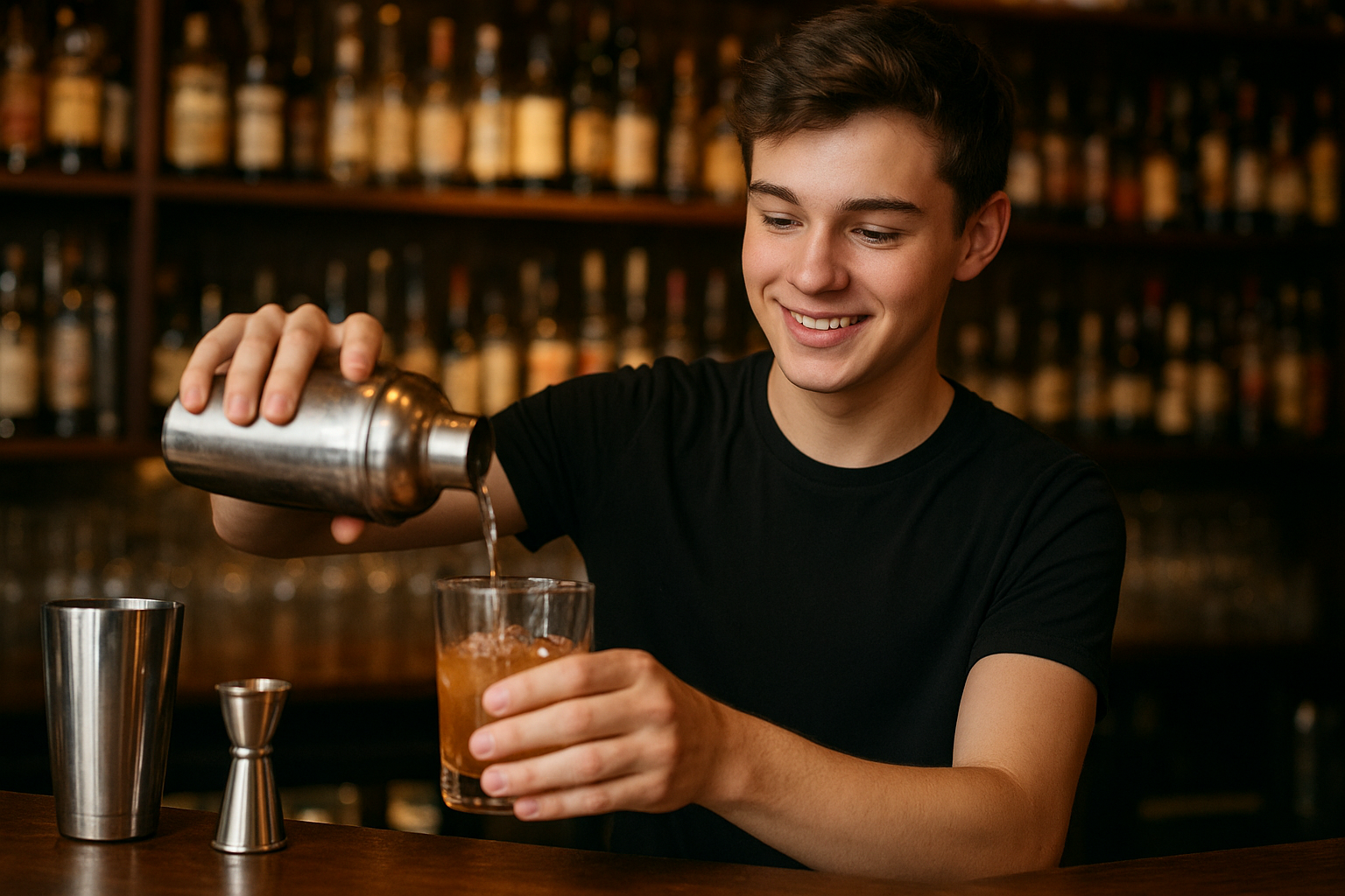 18 year old UK teen pouring a drink in a bar as a job