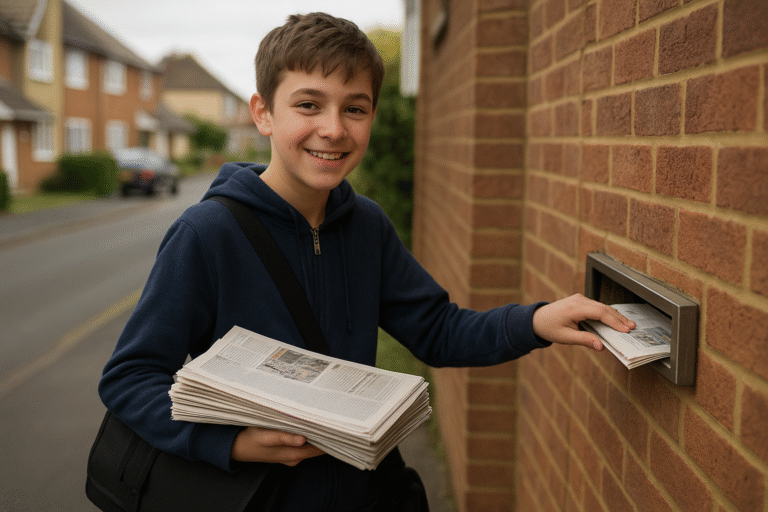 13 year old teenager doing his job delivering leaflets in his local area