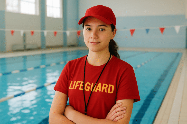Teenage lifeguard in a red uniform and cap standing confidently beside an indoor swimming pool.