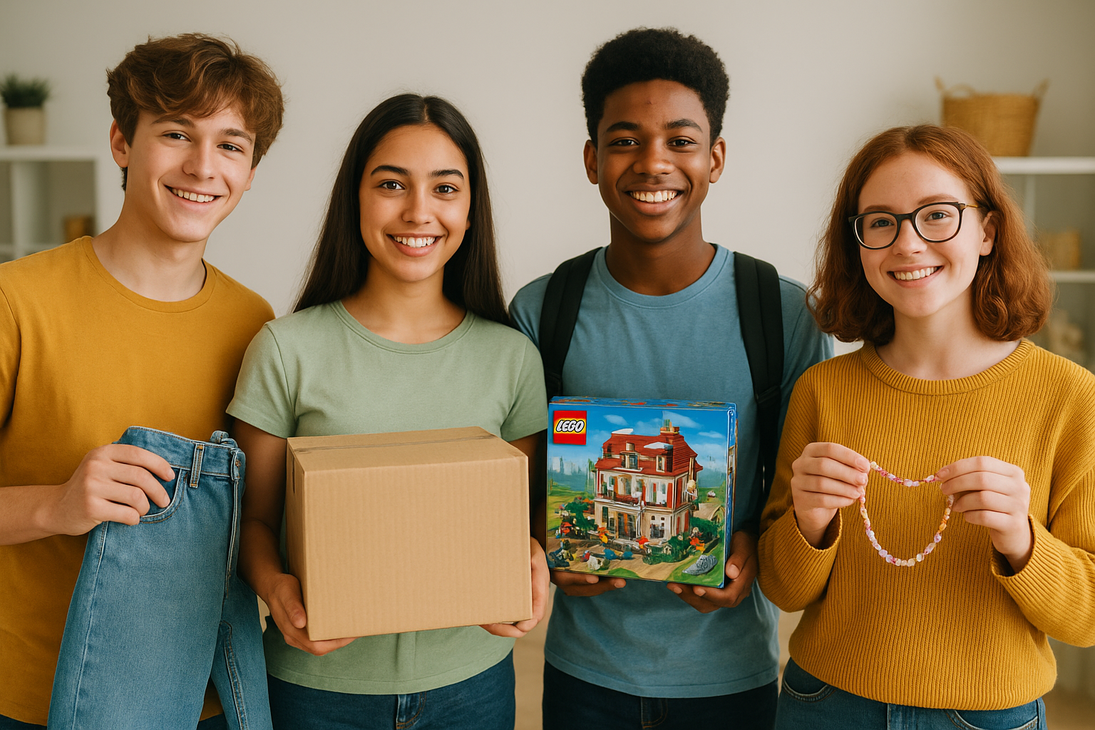 four teenagers standing in a line with things in their hands that they're going to buy and sell to make money including a box, a toy and a necklace