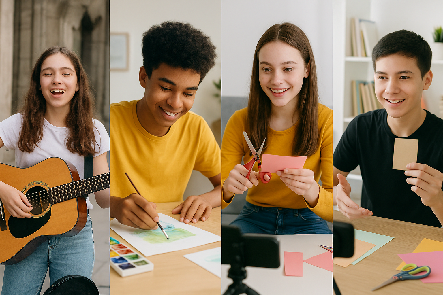 four separate photos of teenagers using their hobbies to make money. Playing music on the guitar, writing and crafting.