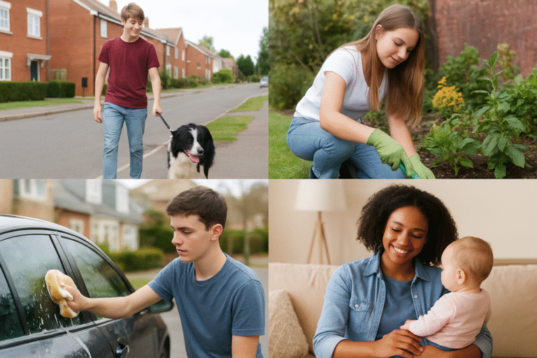 four teens helping neighbours by doing odd jobs to earn some money - walking a dog, gardening, washing a car and babysitting